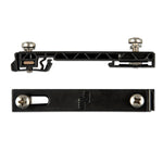 Top and side profile views of black plastic DIN35 rail adapter with M4 screws
