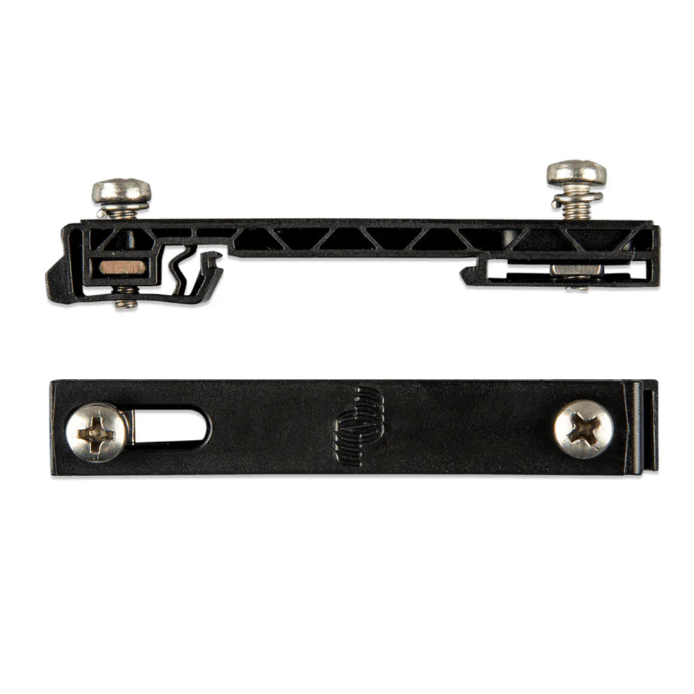 Top and side profile views of black plastic DIN35 rail adapter with M4 screws