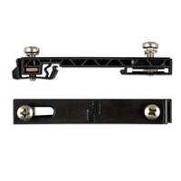 Top and side profile views of black plastic DIN35 rail adapter with M4 screws