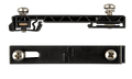 Profile and top-down views of a large black plastic DIN35 rail adapter with M4 mounting screws