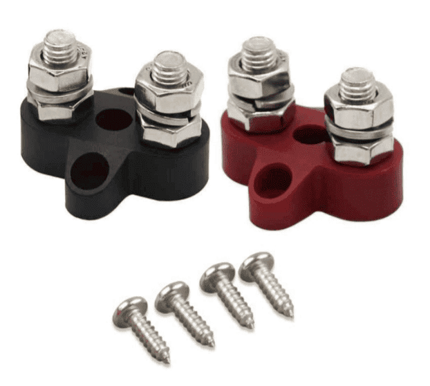 Red and black dual terminal M8 stud blocks with stainless steel nuts and mounting screws