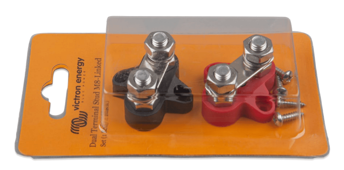 Retail packaging for Victron dual terminal stud M8-linked set including one red and one black block