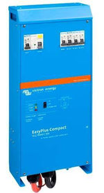 Angled view of Victron EasyPlus 12V inverter charger with integrated AC circuit breakers