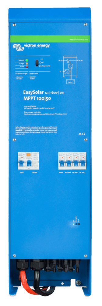 Front view of blue Victron EasySolar inverter charger showing LED indicators and AC circuit breakers