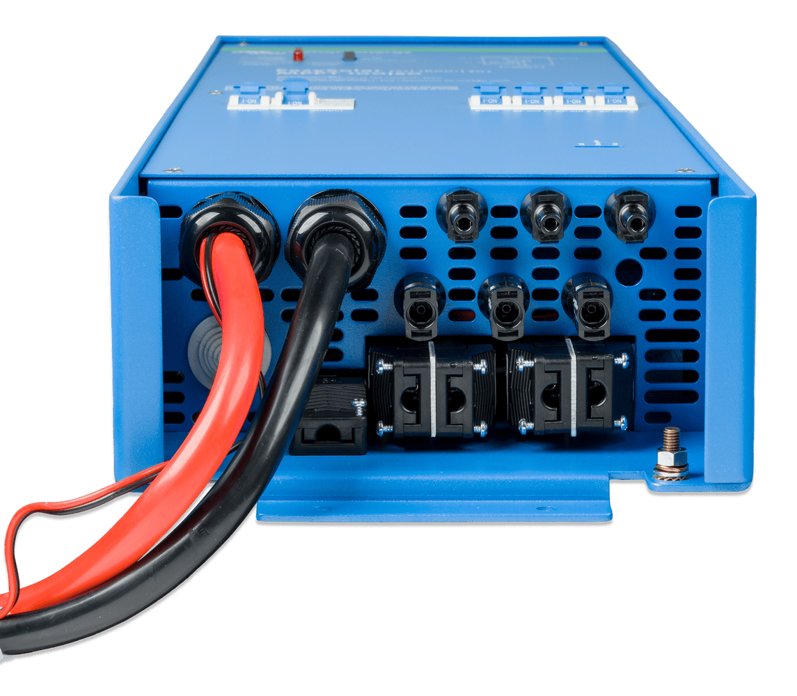 Bottom panel of Victron EasySolar showing cable glands, PV connectors and terminal entry points