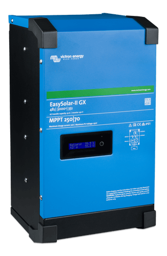 Angled front view of blue Victron EasySolar-II GX 48V 3000VA inverter charger showing digital display
