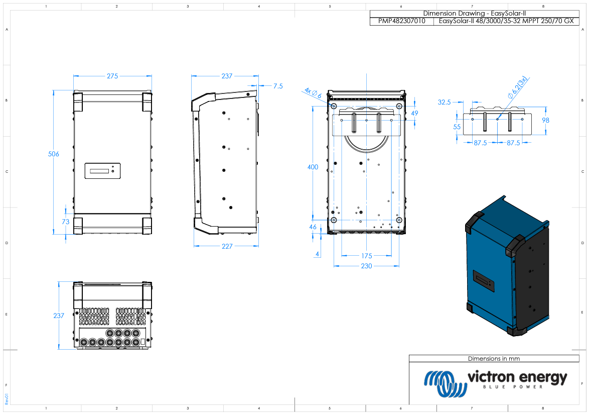 Dimensional drawing of Victron EasySolar-II GX 48/3000/35-32 showing measurements in mm