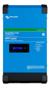 Front-on view of Victron EasySolar-II GX 48/3000 inverter charger display and system labels