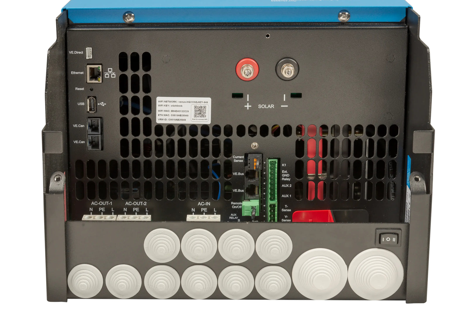 Front-on technical view of internal terminals and communication ports on EasySolar-II GX