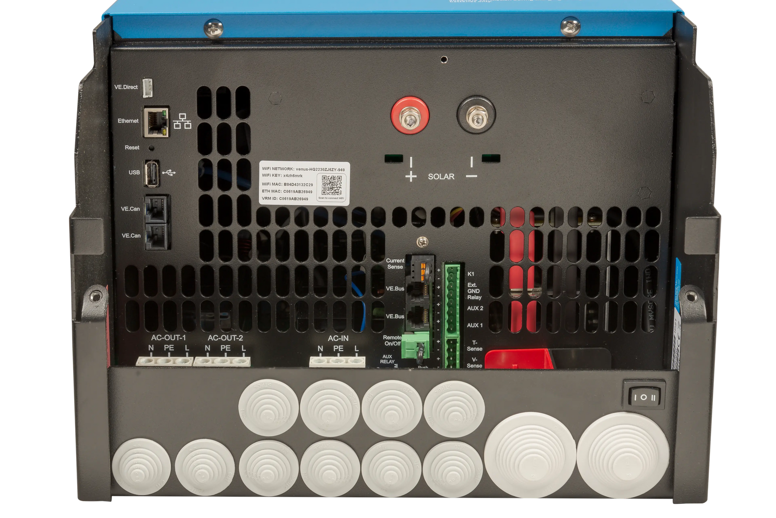 Front-on technical view of internal terminals and communication ports on EasySolar-II GX