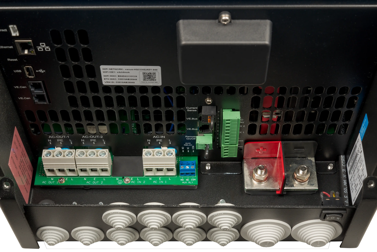 Internal view of the wiring bay in a Victron EasySolar-II GX power system