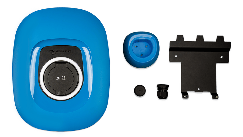 Victron EV charging station shown with wall-mount bracket, cable gland and installation accessories