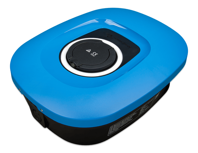 Angled top-down view of the blue Victron EV charging station showing the curved enclosure design