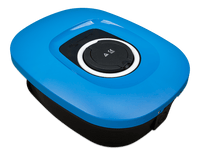 Left side perspective of the Victron EV charging station with a blue cover and black base