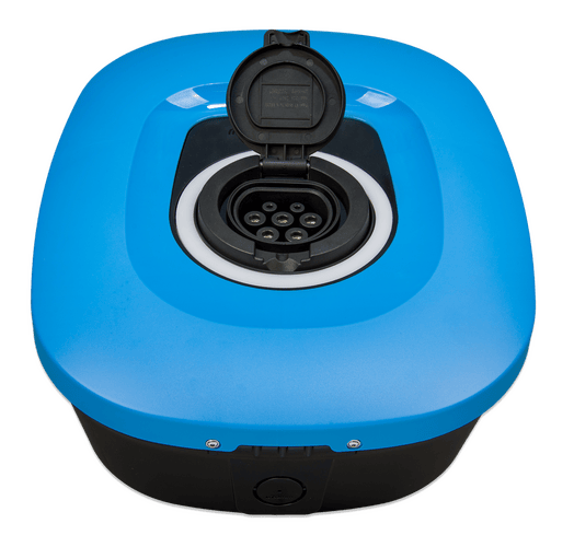 Victron EV charger with the protective socket flap open revealing the Type 2 charging pins