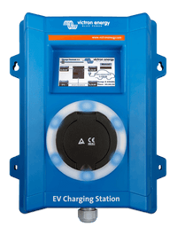 Front view of blue Victron EV charging station featuring a circular light ring and integrated LCD screen