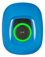 Front view of blue Victron EV charging station with a circular green LED status light ring