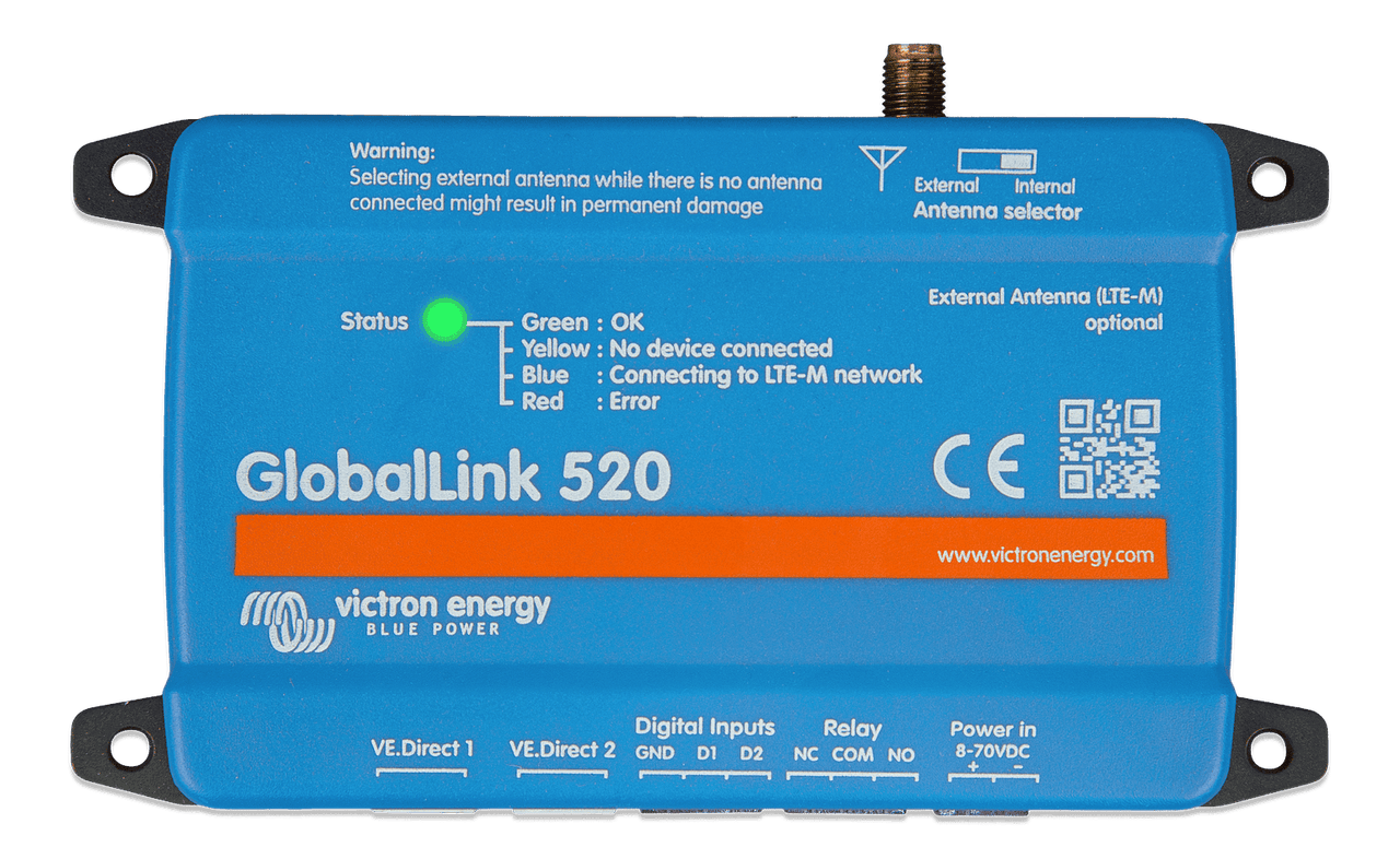 Front view of blue Victron GlobalLink 520 LTE-M cellular monitoring device with status indicator