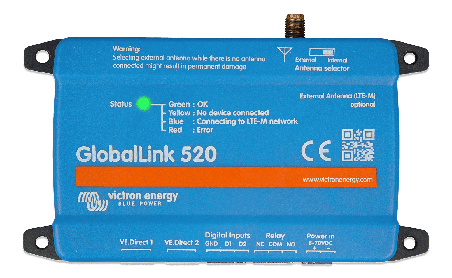 Front view of blue Victron GlobalLink 520 LTE-M cellular monitoring device with status indicator