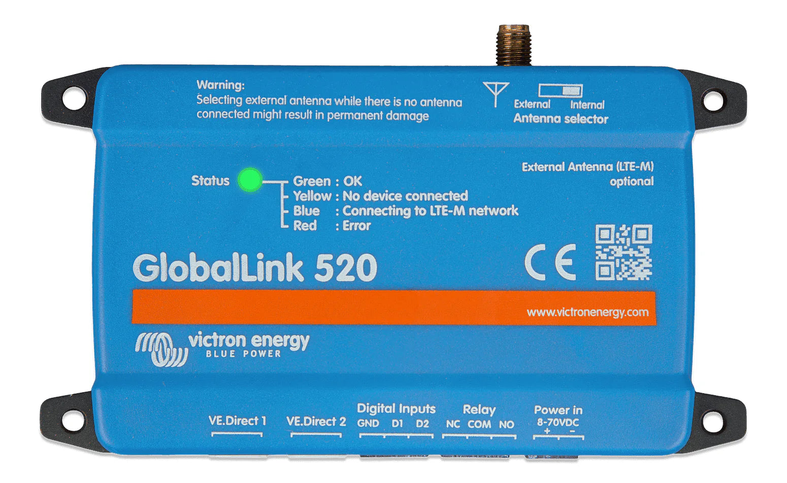 Front view of blue Victron GlobalLink 520 LTE-M cellular monitoring device with status indicator
