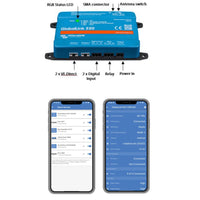 Infographic of GlobalLink 520 hardware ports and VictronConnect smartphone app status screens
