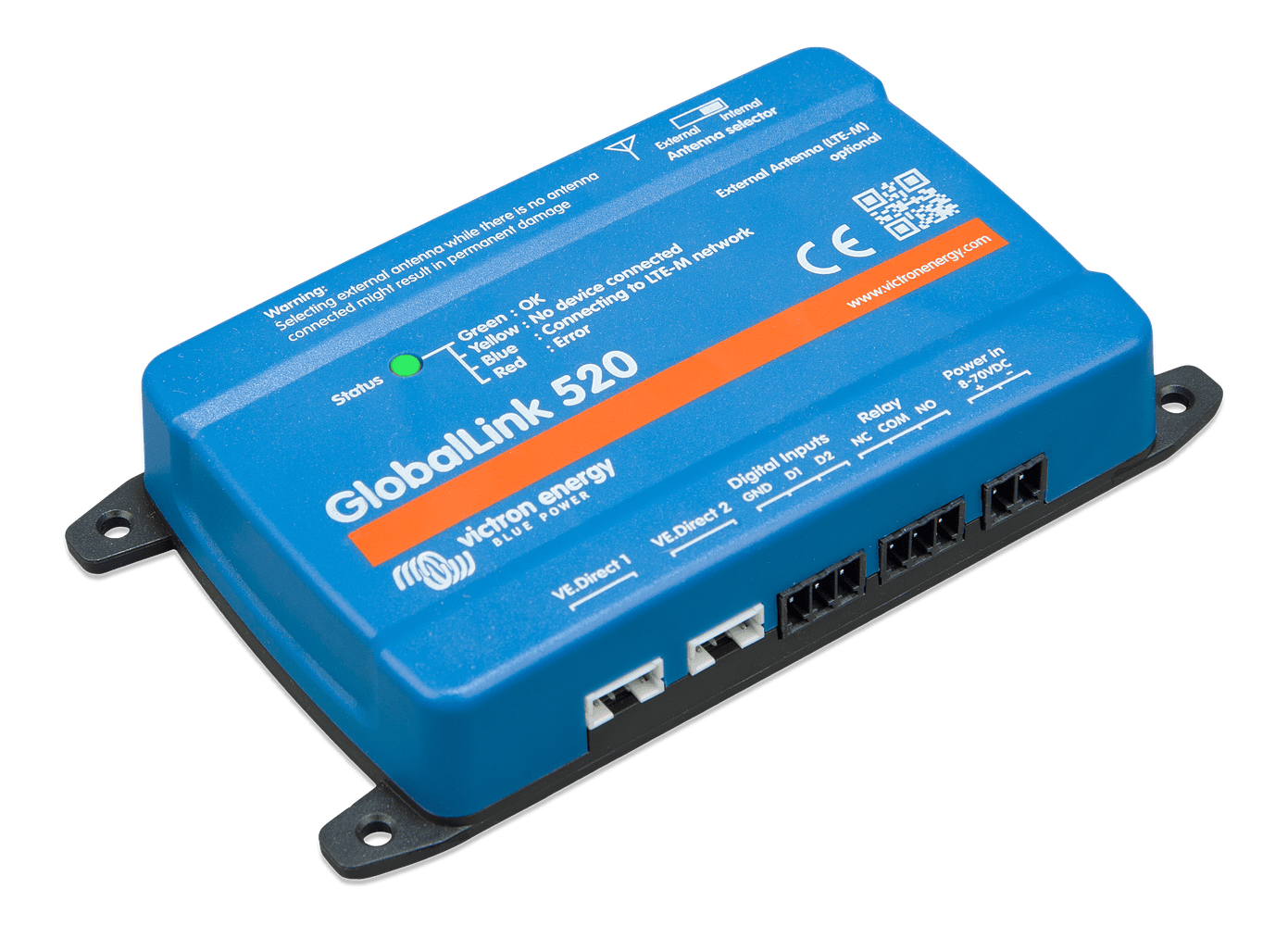 Isometric view showing the compact blue hardware housing and mounting ears of the GlobalLink 520