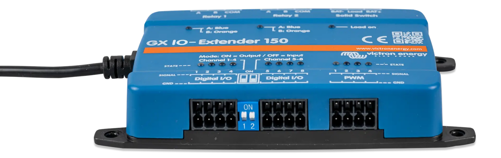 Front view of Victron GX IO-Extender 150 showing terminal block connectors and dip switches