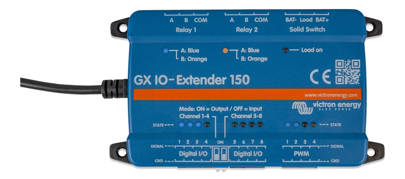 Top-down view of Victron GX IO-Extender 150 showing status LEDs and interface labels