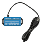 Top-down view of blue Victron GX Tank 140 adapter showing 4-channel wiring diagram and USB connection cable
