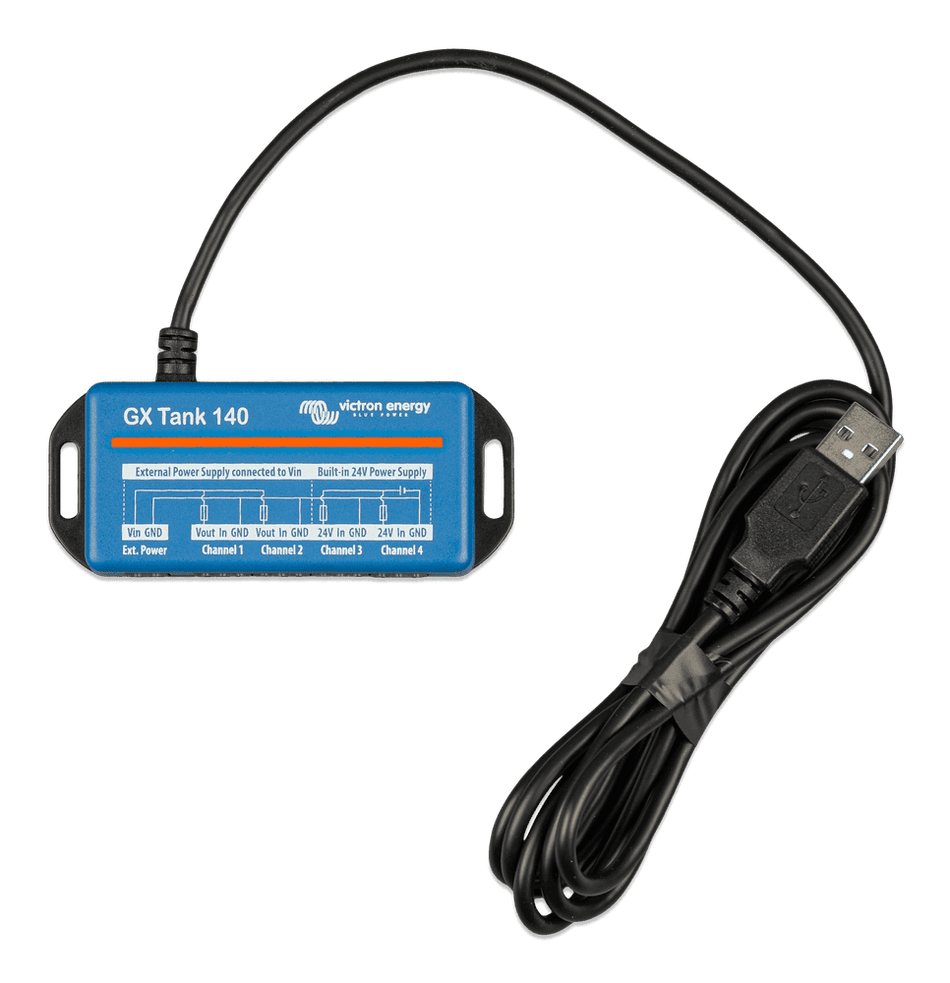 Top-down view of blue Victron GX Tank 140 adapter showing 4-channel wiring diagram and USB connection cable