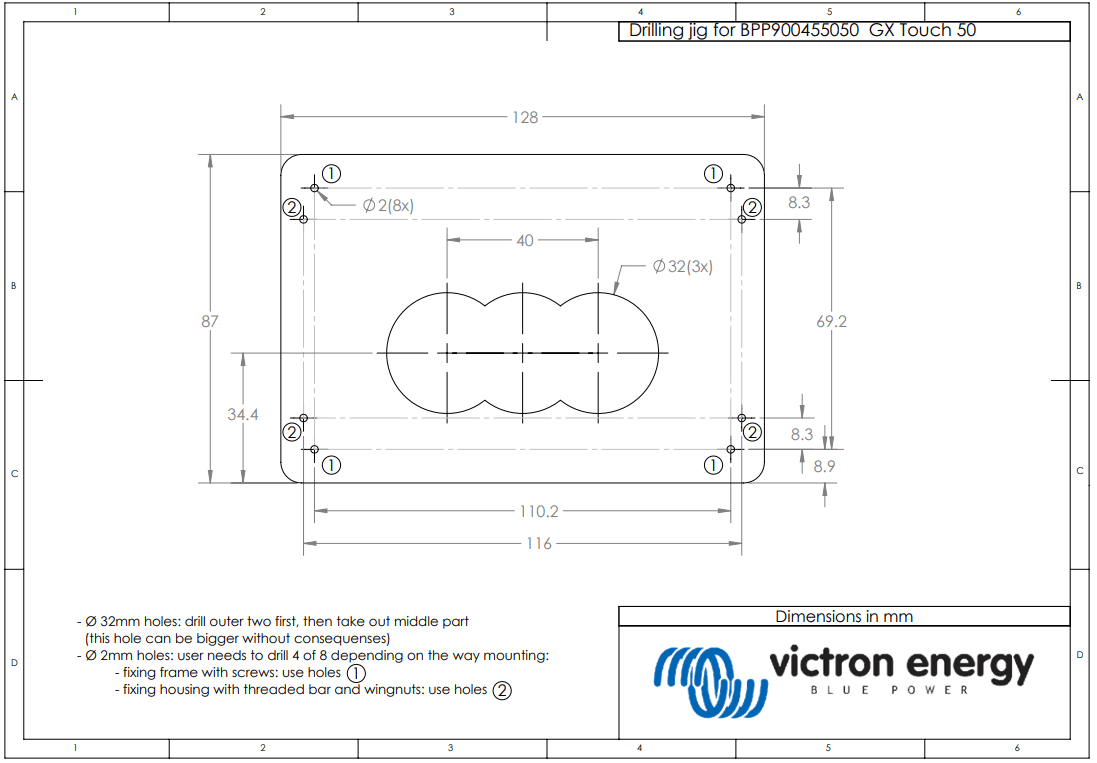 Installation drilling template for Victron GX Touch 50 with hole patterns and dimensions