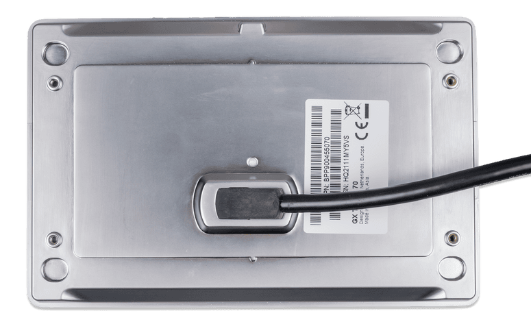 Rear panel of the 7 inch touch screen showing product labels and cable entry