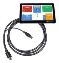 Victron GX Touch 70 display with system dashboard showing power flow and connection cable