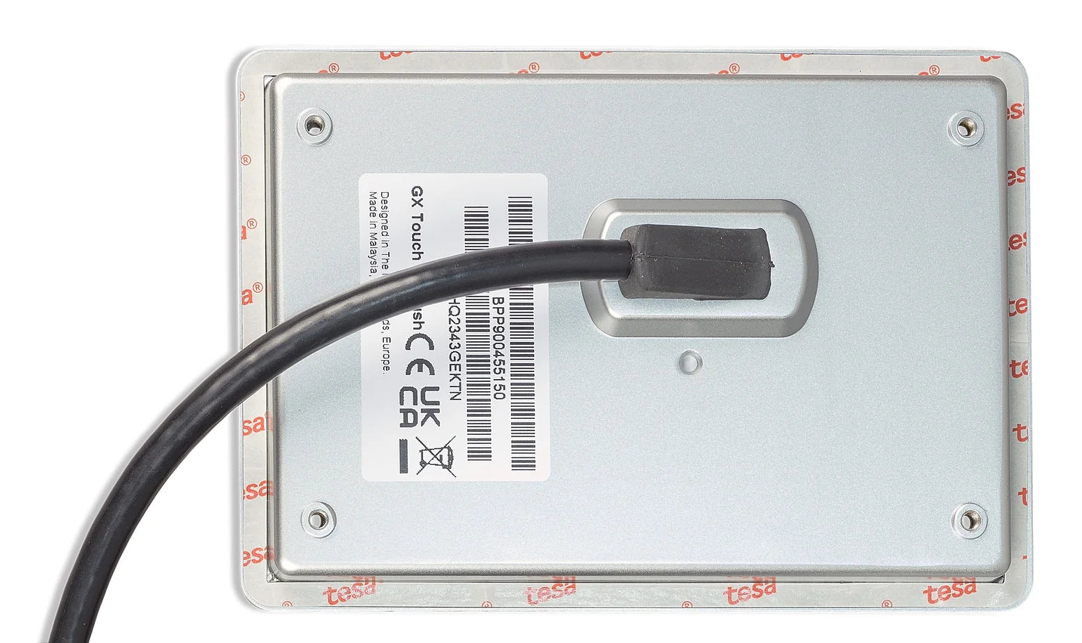 Close-up of integrated connection cable entry and identification label on the rear of the monitoring screen