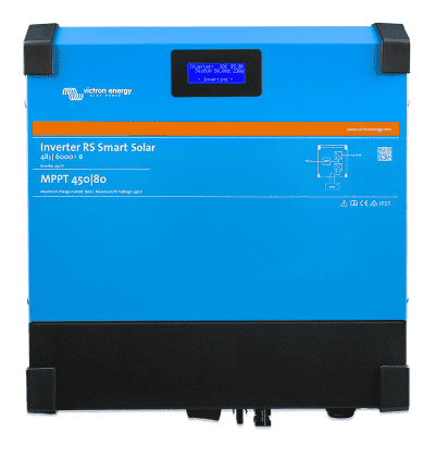 Front view of blue Victron Inverter RS Smart Solar 48 6000 with LCD screen and status indicators