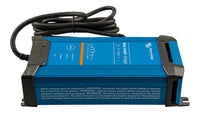 Side view of blue battery charger showing cooling fins and safety warning labels