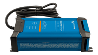 Side view of the blue ribbed aluminium enclosure of the Victron IP22 charger with safety warnings