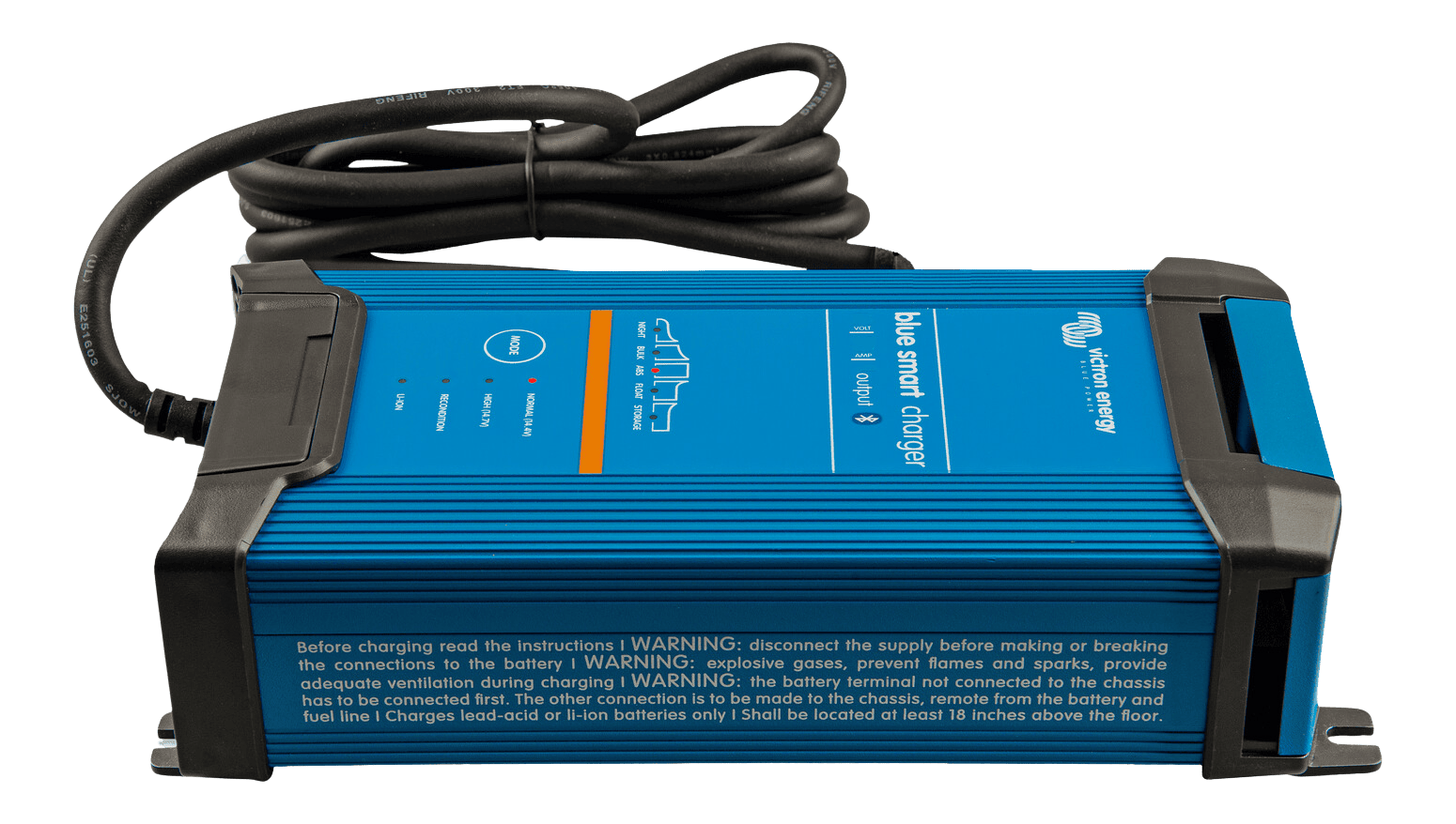 Side view of blue Victron battery charger with AS/NZS 3112 Australian power plug