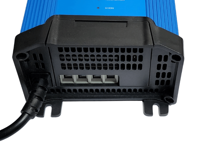 Bottom view of Victron IP22 charger with protective terminal cover in place