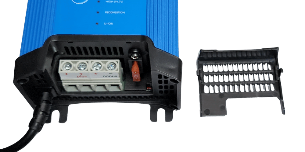 Victron IP22 charger terminals revealed with three DC outputs and a 30A blade fuse