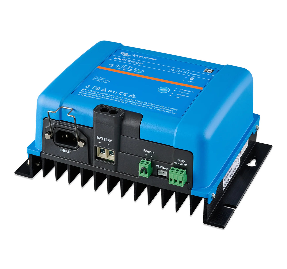 Isometric view of blue Victron Smart IP43 charger showing cooling fins and mounting brackets