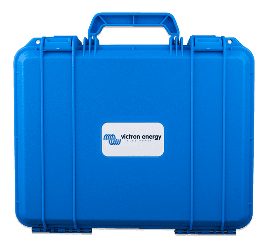 Blue Victron hard-shell carry case for IP65 battery chargers with handle and secure latches