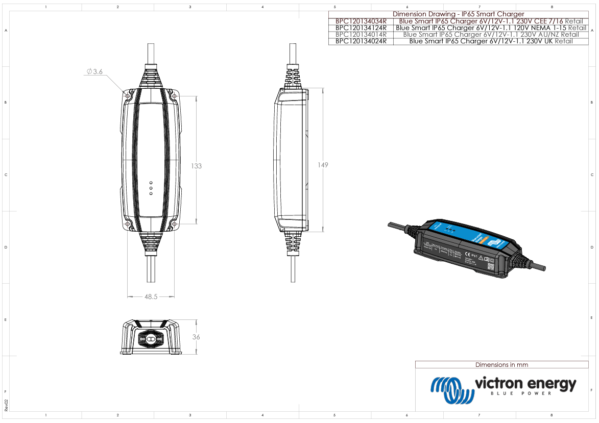 Dimensional drawing of the Victron IP65 Smart Charger showing length width and depth measurements
