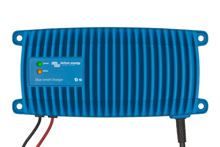 Top view of blue aluminium battery charger housing with status LEDs and cooling fins