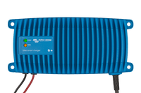 Top-down view of the blue waterproof charger showing the heat-dissipating aluminium fin structure