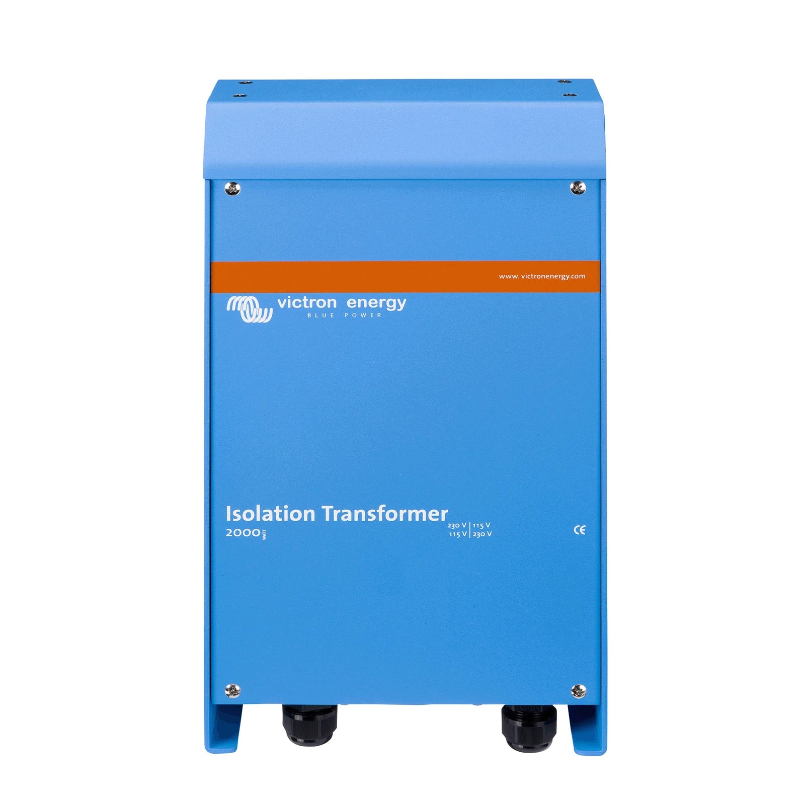Front view of Victron 2000W isolation transformer showing voltage labels and cable glands