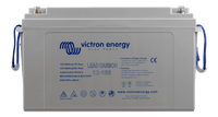 Front view of a grey Victron lead carbon deep cycle battery with blue rope handles and M8 terminals
