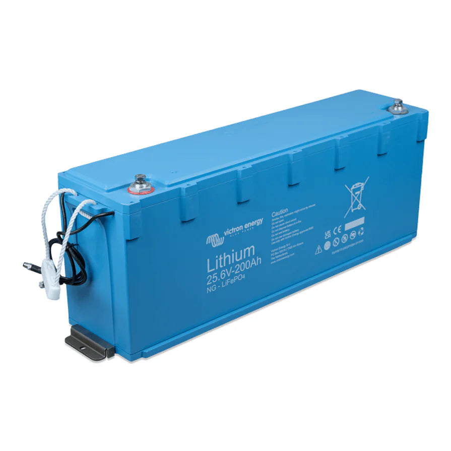 Elevated perspective of the 200Ah lithium battery showing top terminals and enclosure design