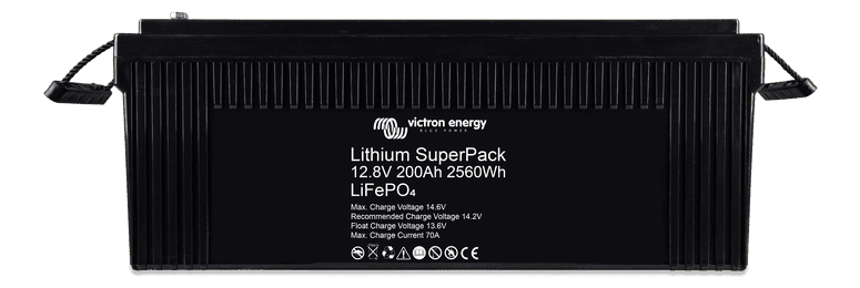 Front view of black 12V 200Ah Lithium SuperPack battery with side carry handles