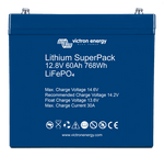 Front view of blue Victron Lithium SuperPack 12.8V 60Ah LiFePO4 battery